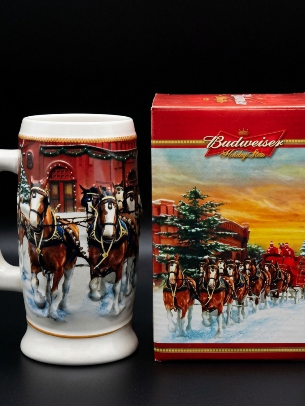 Budweiser White Ceramic Holiday Stein with Red and Gold Accents
